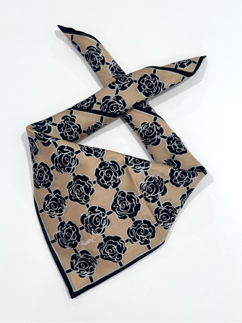 WOMEN HANDKERCHIEF YSL Floral Rose Black Beige COTTON POCKET SQUARE 19”